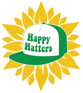 Sunflower with a green trucker cap in the middle with Happy Hatters in text